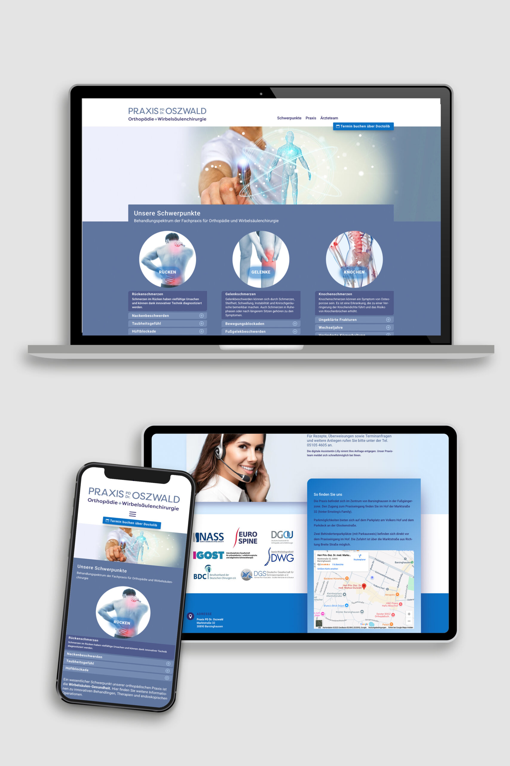 Screenshots auf Macbook, Smartphone und ipad von der Praxis-Website Dr. Oszwald in Blautönen mit Fotos und Text